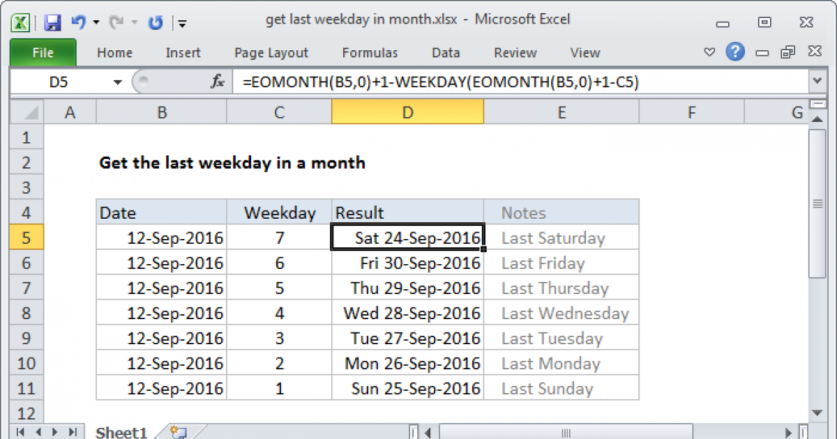 Excel Formula Last Weekday Of Month